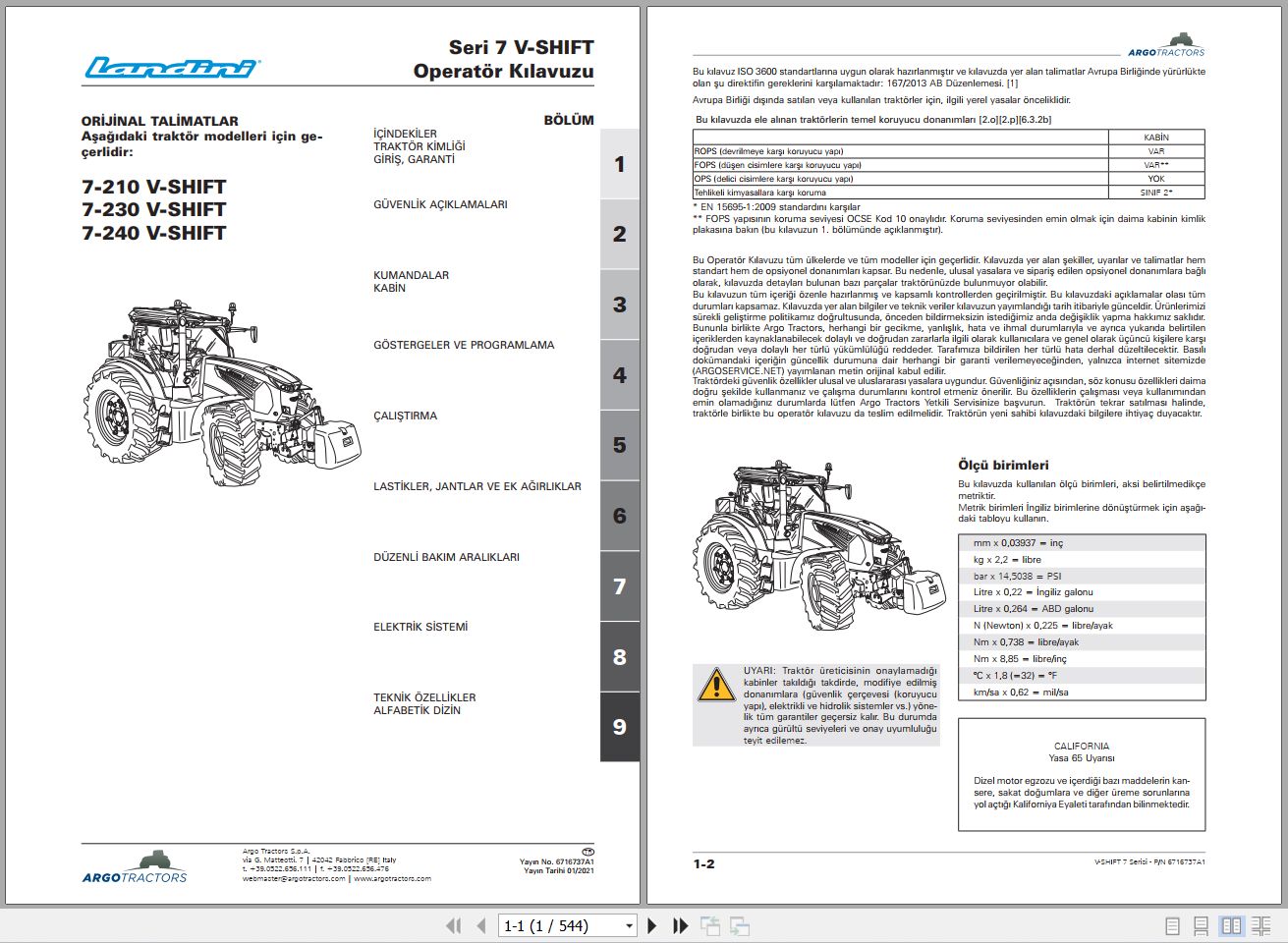 Landini Tractor 7 210 7 230 7 240 V SHIFT Operators Maintenance Manual 6716737A1 TR 1
