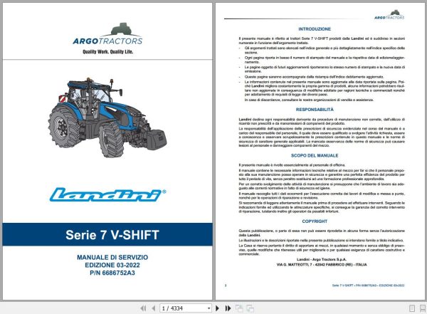Landini Tractor 7 210 7 230 7 240 V SHIFT Service Manual 6686752A3 IT 1