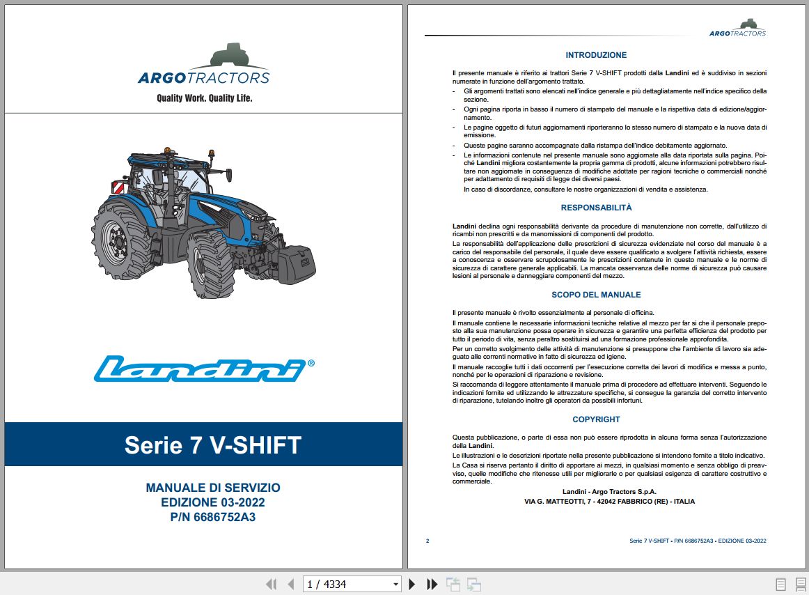 Landini Tractor 7 210 7 230 7 240 V SHIFT Service Manual 6686752A3 IT 1