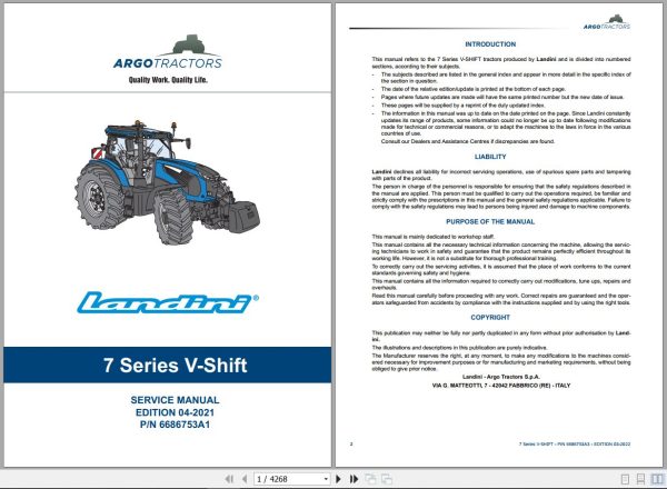 Landini Tractor 7 210 7 230 7 240 V SHIFT Service Manual 6686753A3 EN 1