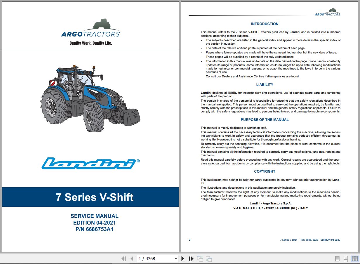 Landini Tractor 7 210 7 230 7 240 V SHIFT Service Manual 6686753A3 EN 1