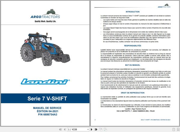 Landini Tractor 7 210 7 230 7 240 V SHIFT Service Manual 6686754A3 FR 1