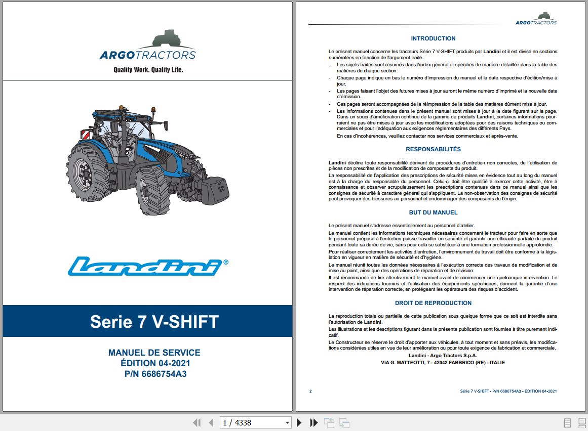 Landini Tractor 7 210 7 230 7 240 V SHIFT Service Manual 6686754A3 FR 1