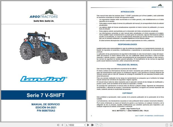 Landini Tractor 7 210 7 230 7 240 V SHIFT Service Manual 6686755A3 ES 1