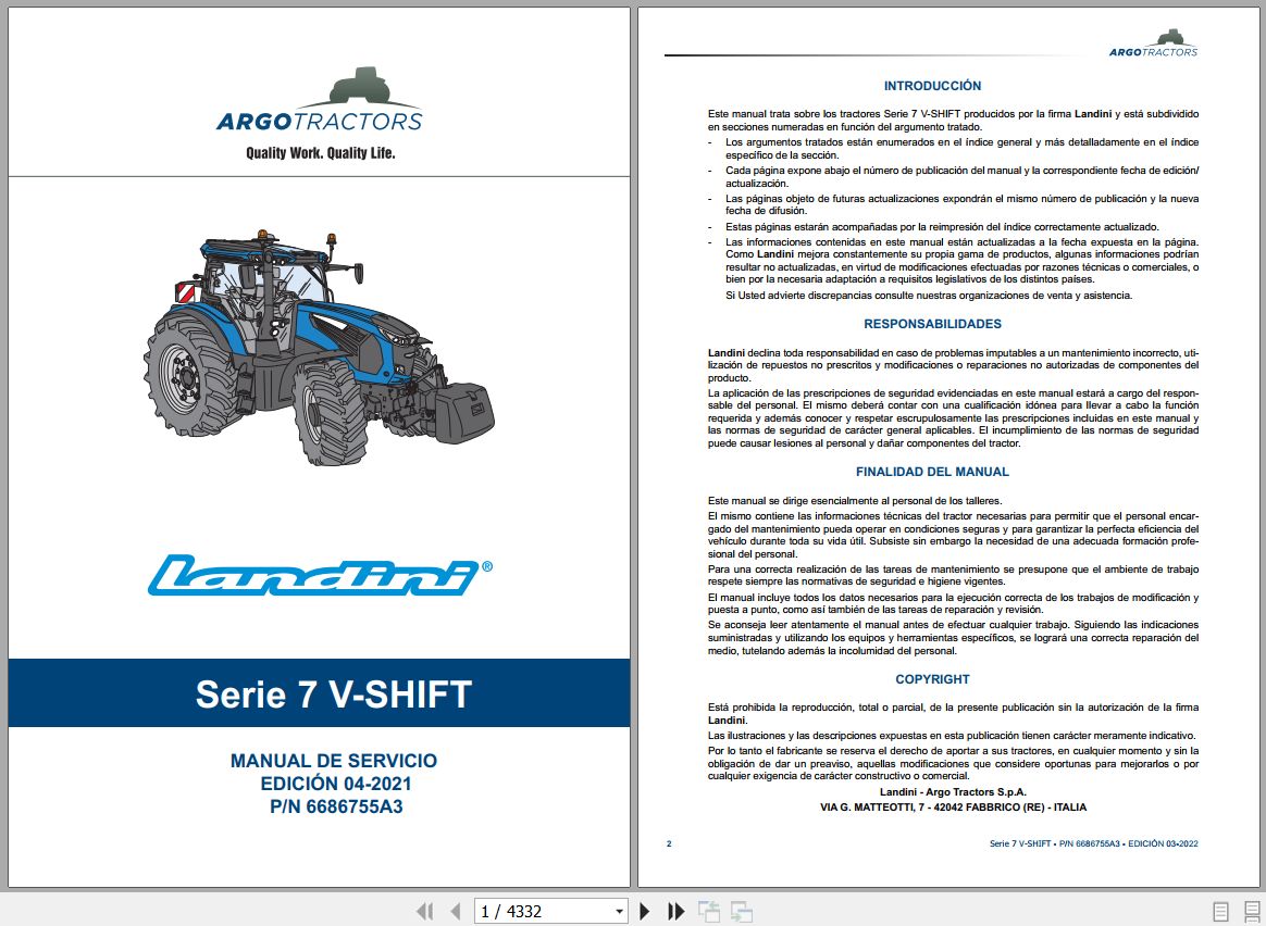 Landini Tractor 7 210 7 230 7 240 V SHIFT Service Manual 6686755A3 ES 1