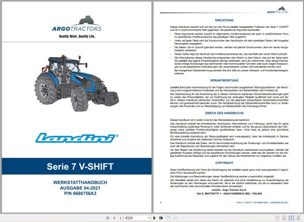 Landini Tractor 7 210 7 230 7 240 V SHIFT Service Manual 6686756A3 DE 1