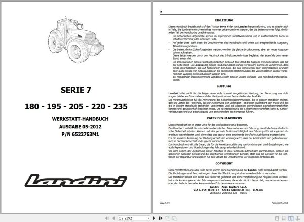 Landini Tractor 7 Series 180 195 205 220 235 Service Manual 6522763M1 DE 1