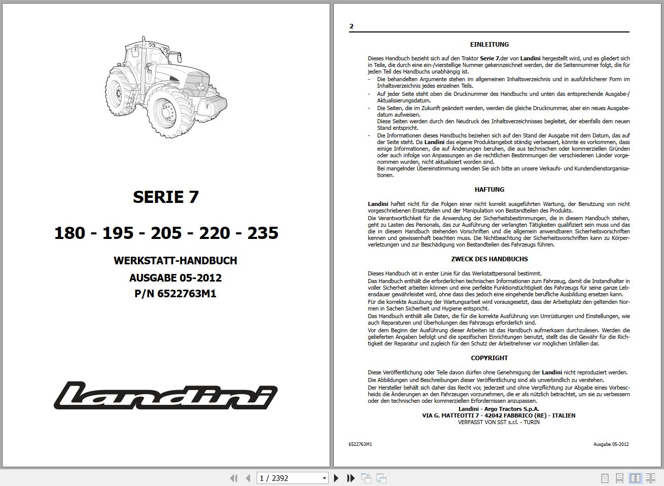 Landini Tractor 7 Series 180 195 205 220 235 Service Manual 6522763M1 DE 1