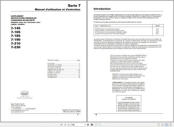 Landini Tractor 7 Series 7 145 to 7 230 Operators Maintenance Manual 6501409M1 FR 1
