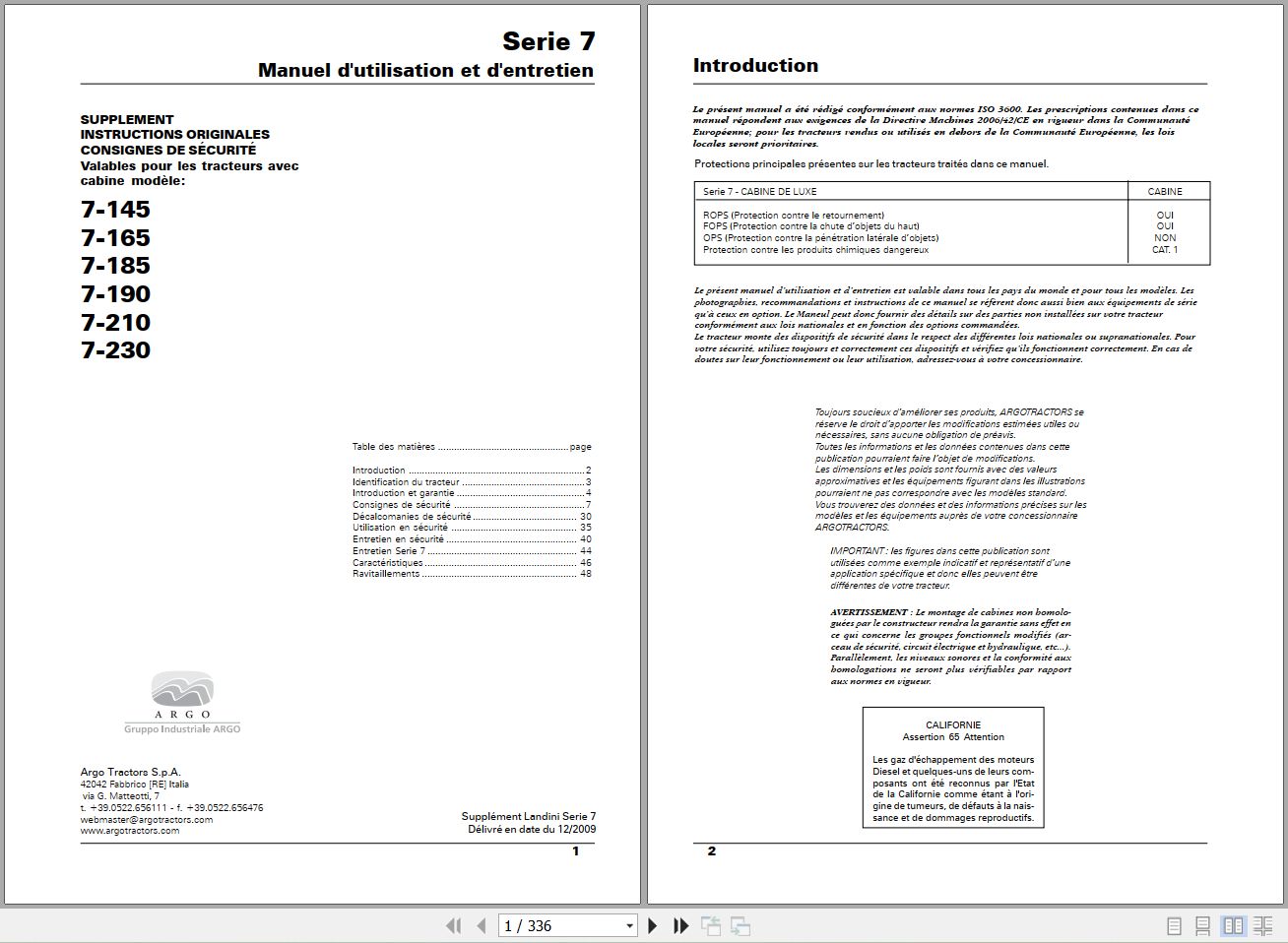 Landini Tractor 7 Series 7 145 to 7 230 Operators Maintenance Manual 6501409M1 FR 1