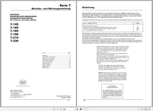 Landini Tractor 7 Series 7 145 to 7 230 Operators Maintenance Manual 6501410M1 DE 1