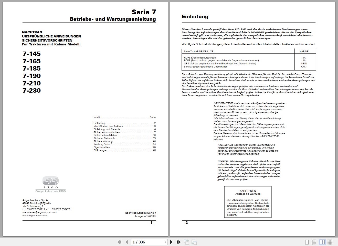 Landini Tractor 7 Series 7 145 to 7 230 Operators Maintenance Manual 6501410M1 DE 1