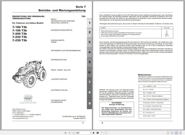 Landini Tractor 7 Series 7 180 T3b to 7 235 T3b Operators Maintenance Manual 6510345M1 DE 1