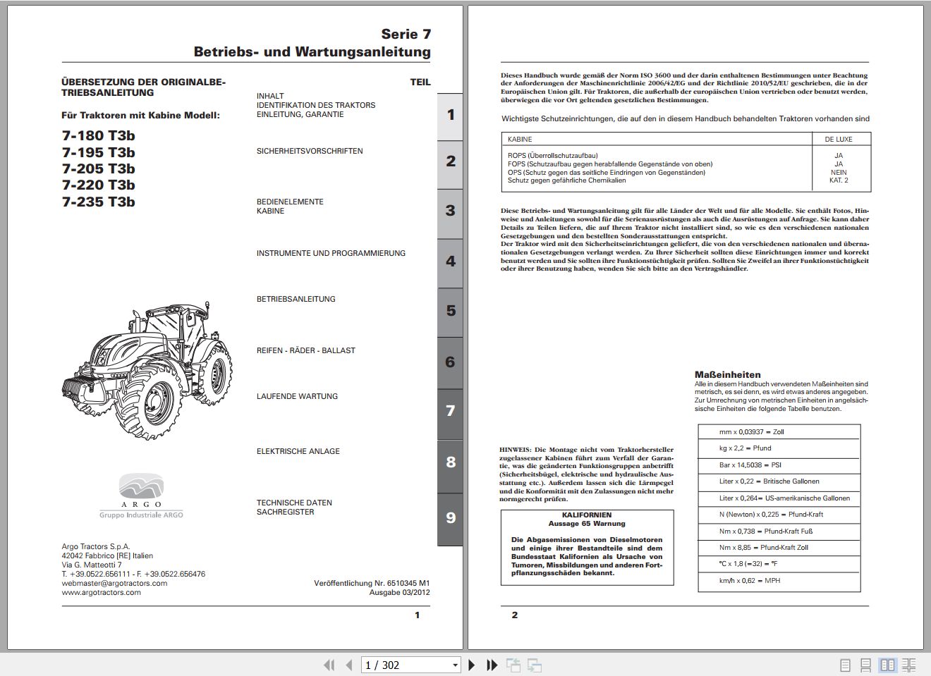 Landini Tractor 7 Series 7 180 T3b to 7 235 T3b Operators Maintenance Manual 6510345M1 DE 1