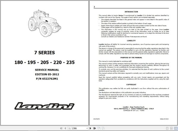 Landini Tractor 7 Series 7 180 to 7 235 Service Manual 6522762M1 EN 1
