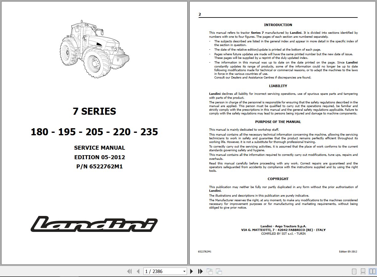 Landini Tractor 7 Series 7 180 to 7 235 Service Manual 6522762M1 EN 1