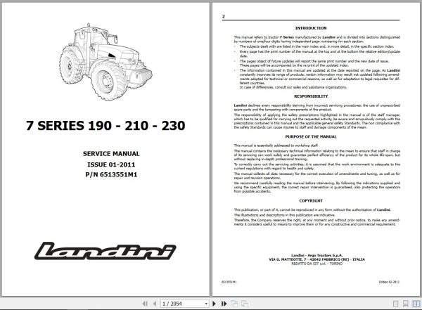 Landini Tractor 7 Series 7 190 7 210 7 230 Service Manual 6513551M1 EN 1