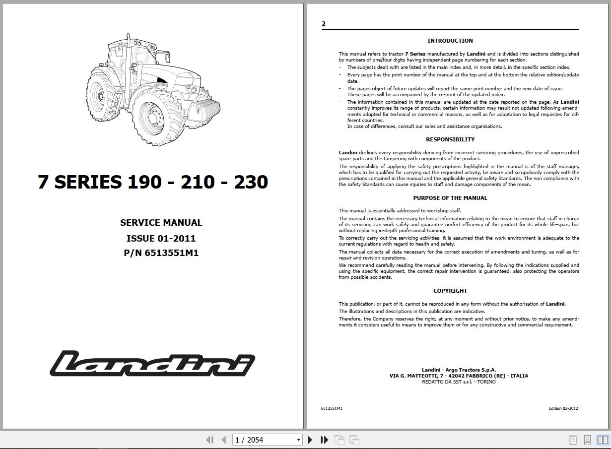 Landini Tractor 7 Series 7 190 7 210 7 230 Service Manual 6513551M1 EN 1