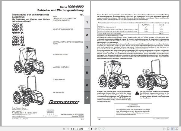 Landini Tractor 7000 9000 Series 7070IS to 90105AR Operators Maintenance Manual 6519252M1 DE 1