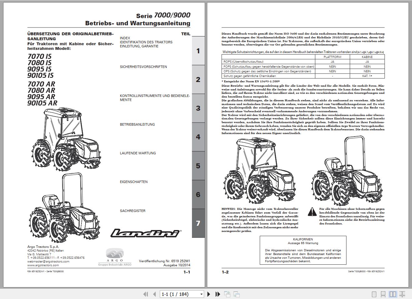 Landini Tractor 7000 9000 Series 7070IS to 90105AR Operators Maintenance Manual 6519252M1 DE 1