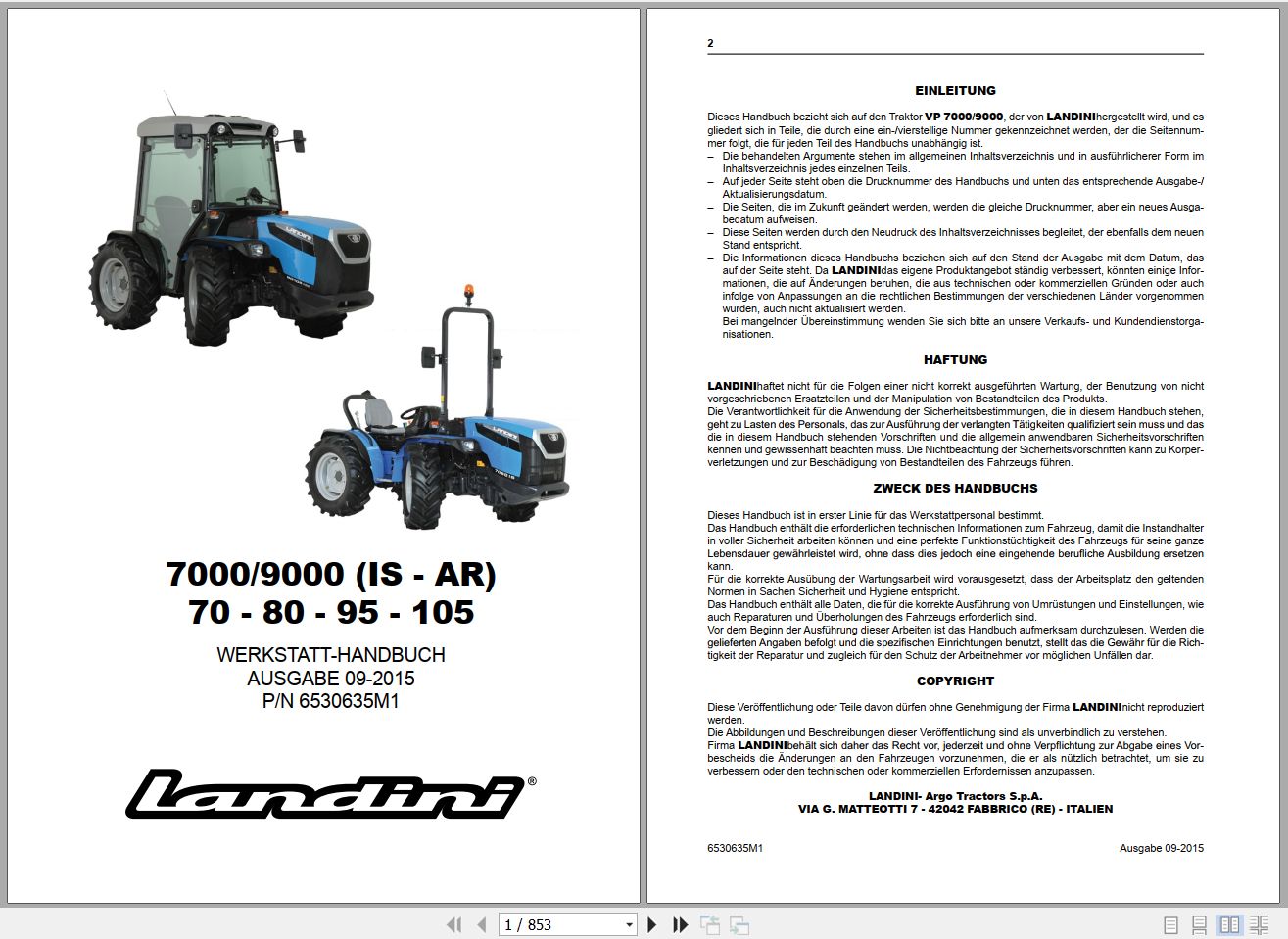 Landini Tractor 7070 7080 9095 90105 Service Manual 6530635M1 DE 1