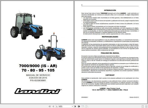 Landini Tractor 7070 7080 9095 90105 Service Manual 6530636M1 ES 1