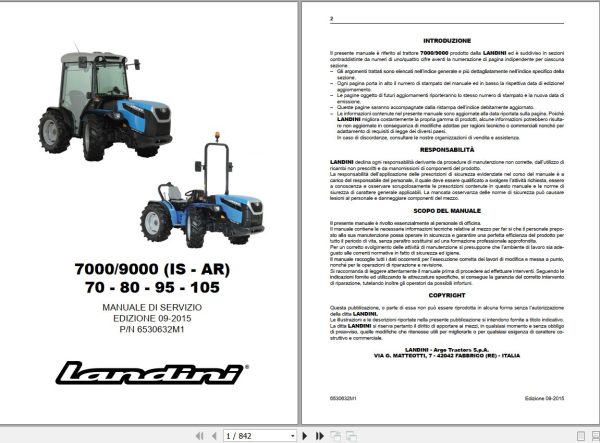 Landini Tractor 7070 to 90105 IS AR Service Manual 6530632M1 IT 1