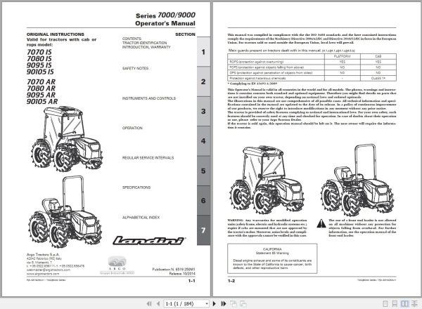 Landini Tractor 7070IS to 90105AR Operators Maintenance Manual 6519250M1 EN 1