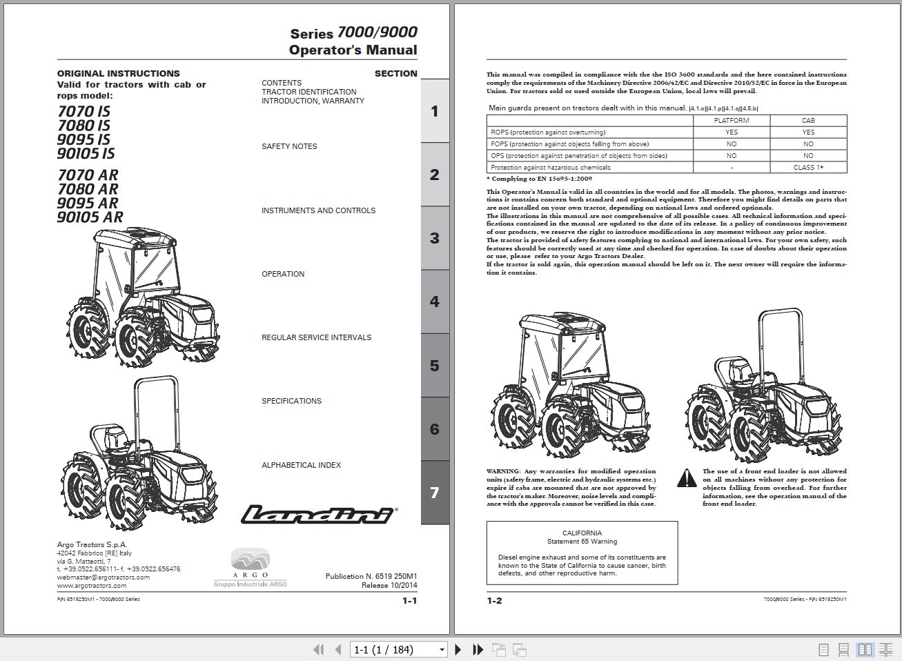 Landini Tractor 7070IS to 90105AR Operators Maintenance Manual 6519250M1 EN 1