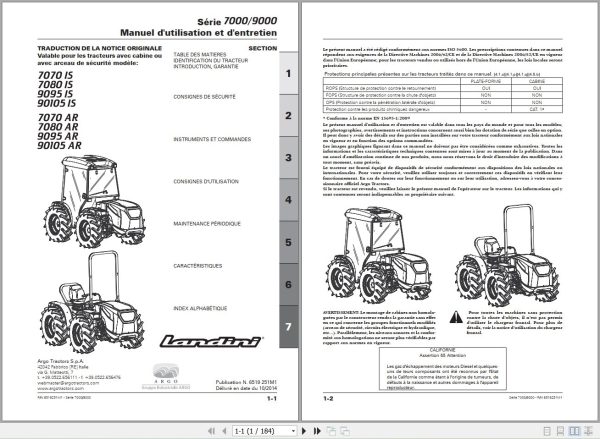 Landini Tractor 7070IS to 90105AR Operators Maintenance Manual 6519251M1 FR 1