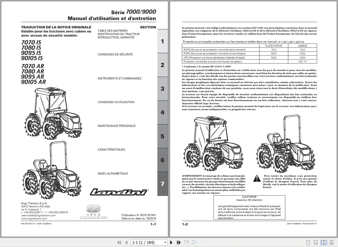 Landini Tractor 7070IS to 90105AR Operators Maintenance Manual 6519251M1 FR 1