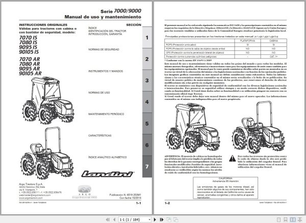 Landini Tractor 7070IS to 90105AR Operators Maintenance Manual 6519253M1 ES 1