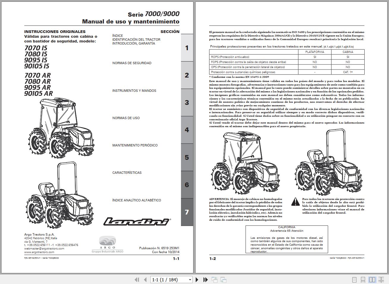 Landini Tractor 7070IS to 90105AR Operators Maintenance Manual 6519253M1 ES 1
