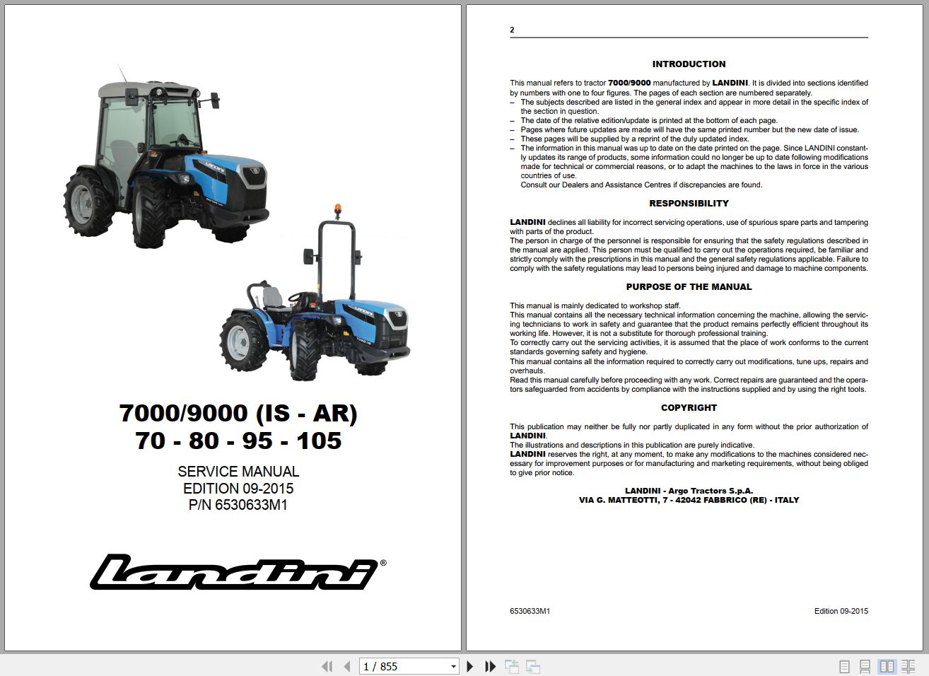 Landini Tractor 7070IS to 90105AR Service Manual 6530633M1 EN 1