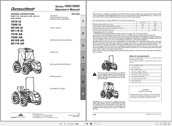 Landini Tractor 7075IS to 90115AR Operators Maintenance Manual 6631036A1 EN 1