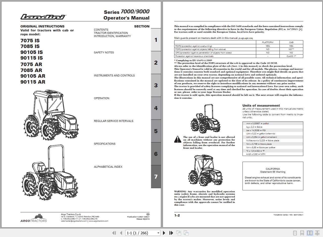 Landini Tractor 7075IS to 90115AR Operators Maintenance Manual 6631036A1 EN 1