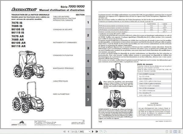 Landini Tractor 7075IS to 90115AR Operators Maintenance Manual 6631037A1 FR 1