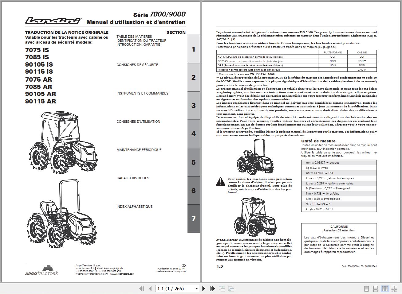 Landini Tractor 7075IS to 90115AR Operators Maintenance Manual 6631037A1 FR 1