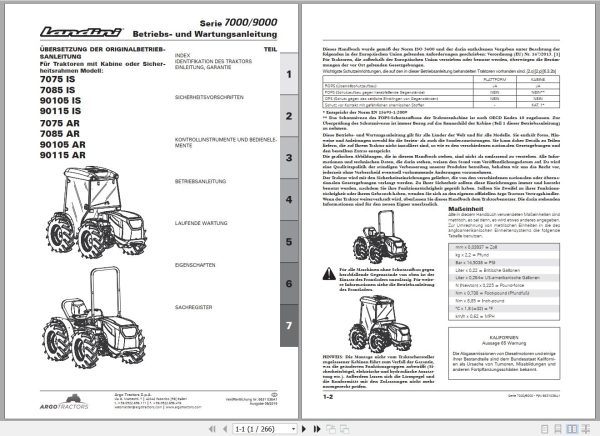 Landini Tractor 7075IS to 90115AR Operators Maintenance Manual 6631038A1 DE 1