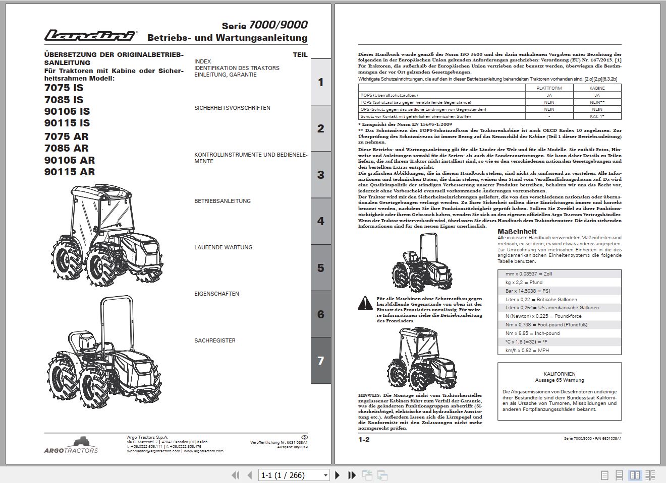 Landini Tractor 7075IS to 90115AR Operators Maintenance Manual 6631038A1 DE 1