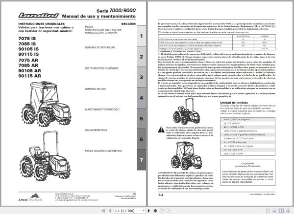 Landini Tractor 7075IS to 90115AR Operators Maintenance Manual 6631039A1 ES 1