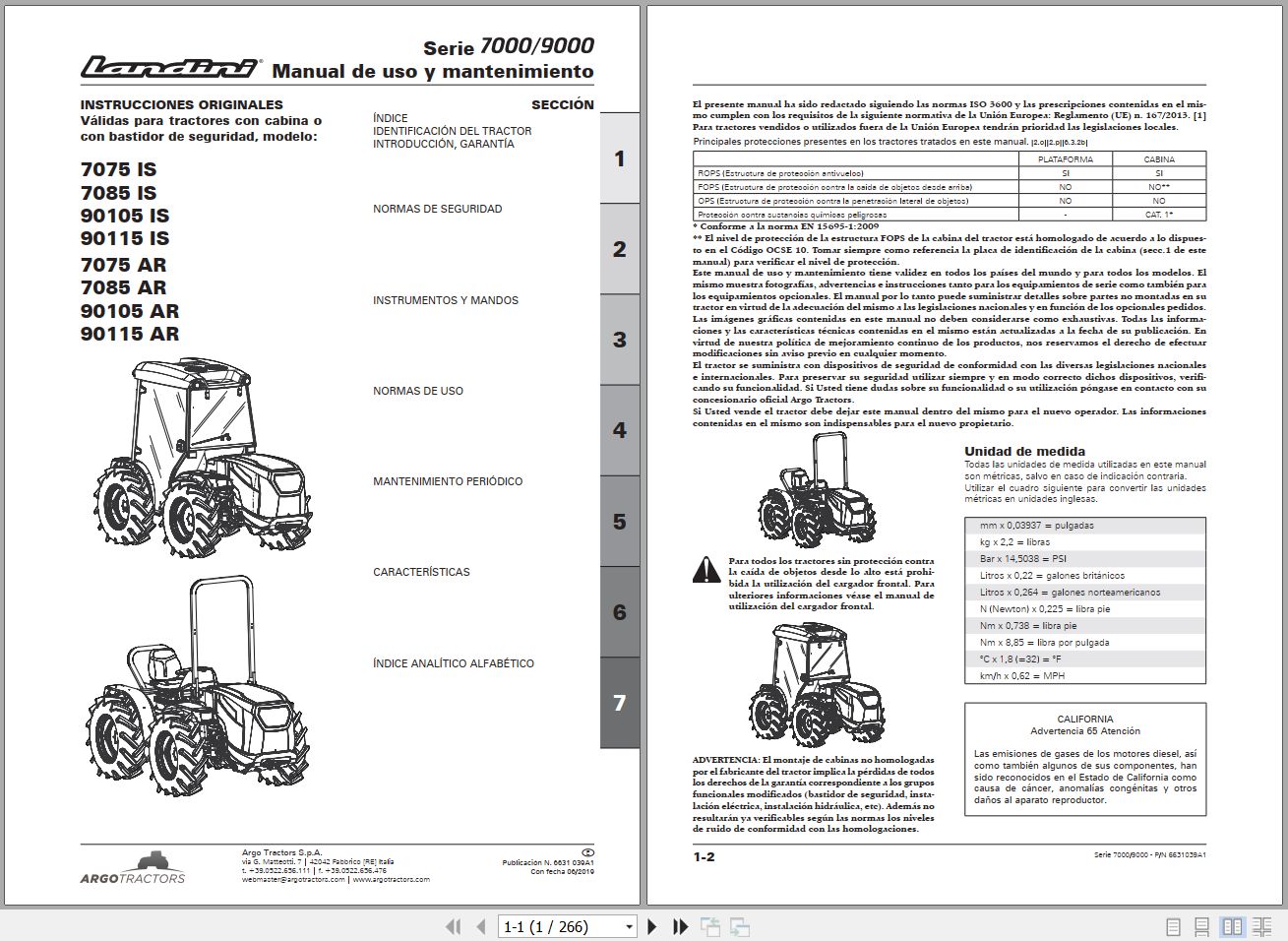 Landini Tractor 7075IS to 90115AR Operators Maintenance Manual 6631039A1 ES 1