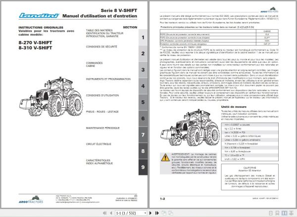 Landini Tractor 8 270 8 310 V SHIFT Operators Maintenance Manual 6723897A1 FR 1