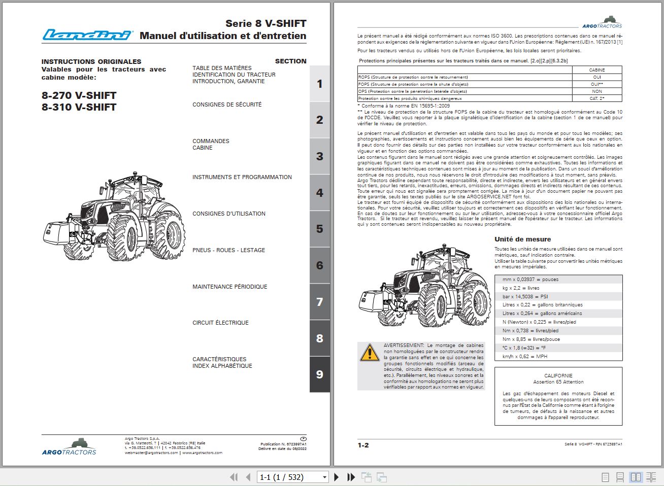 Landini Tractor 8 270 8 310 V SHIFT Operators Maintenance Manual 6723897A1 FR 1
