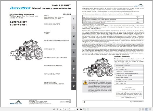 Landini Tractor 8 270 8 310 V SHIFT Operators Maintenance Manual 6723898A1 ES 1