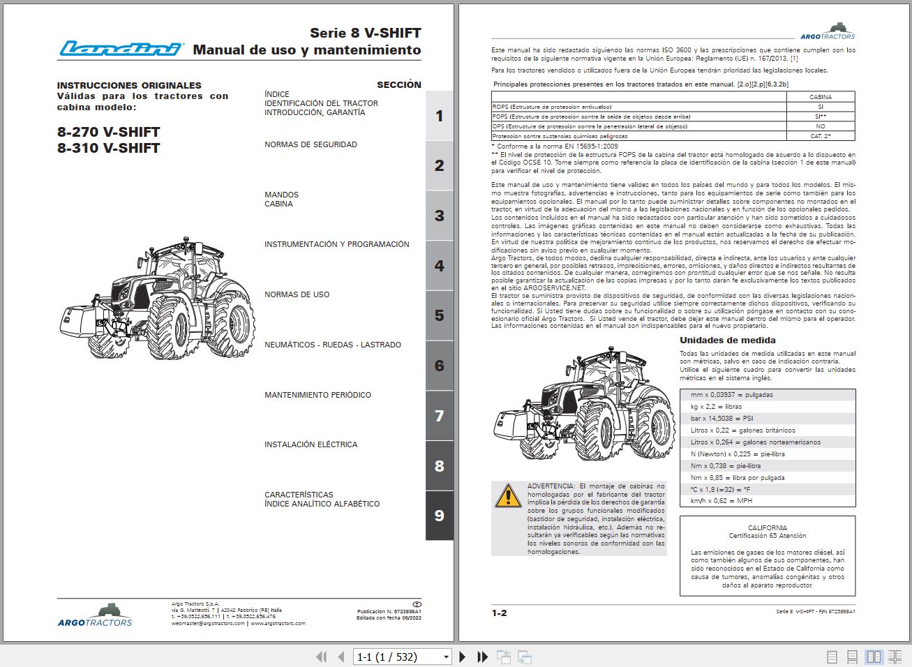 Landini Tractor 8 270 8 310 V SHIFT Operators Maintenance Manual 6723898A1 ES 1
