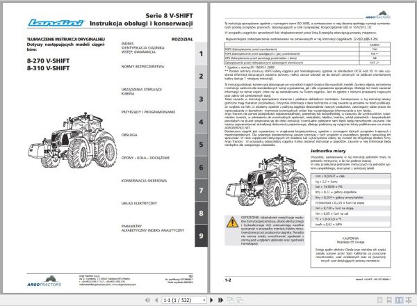 Landini Tractor 8 270 8 310 V SHIFT Operators Maintenance Manual 6723900A1 PL 1