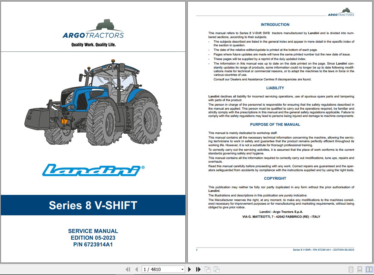 Landini Tractor 8 270 8 310 V SHIFT Service Manual 6723914A1 EN 1