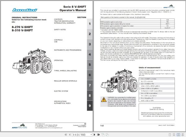 Landini Tractor 8 270 V SHIFT 8 310 V SHIFT Operators Maintenance Manual 6723896A1 EN 1