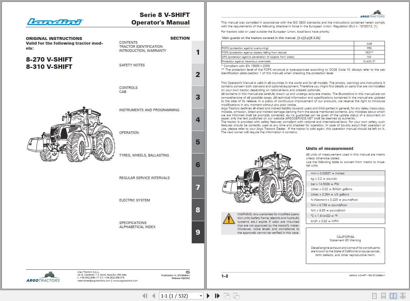 Landini Tractor 8 270 V SHIFT 8 310 V SHIFT Operators Maintenance Manual 6723896A1 EN 1